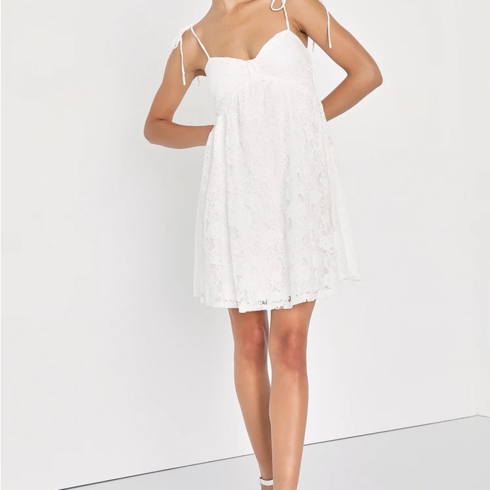 Lulus Angelic Admiration White Lace Tie-Shoulder Babydoll Mini Dress